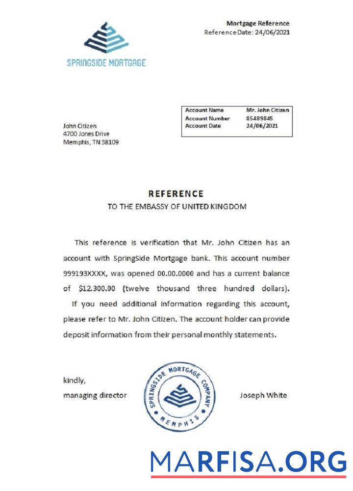 Blank USA Springside Mortgage reference template